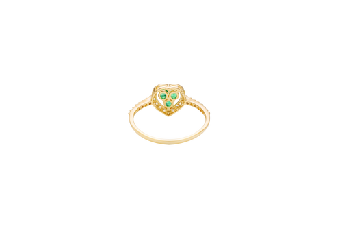 14KT Gold Ring Women's Three Dark Green Round Center CZ Stones Open Heart Outline Border White CZ Stones Band