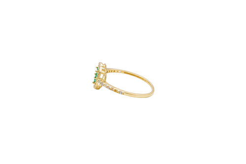 14KT Gold Ring Women's Three Dark Green Round Center CZ Stones Open Heart Outline Border White CZ Stones Band