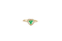 14KT Gold Ring Women's Three Dark Green Round Center CZ Stones Open Heart Outline Border White CZ Stones Band