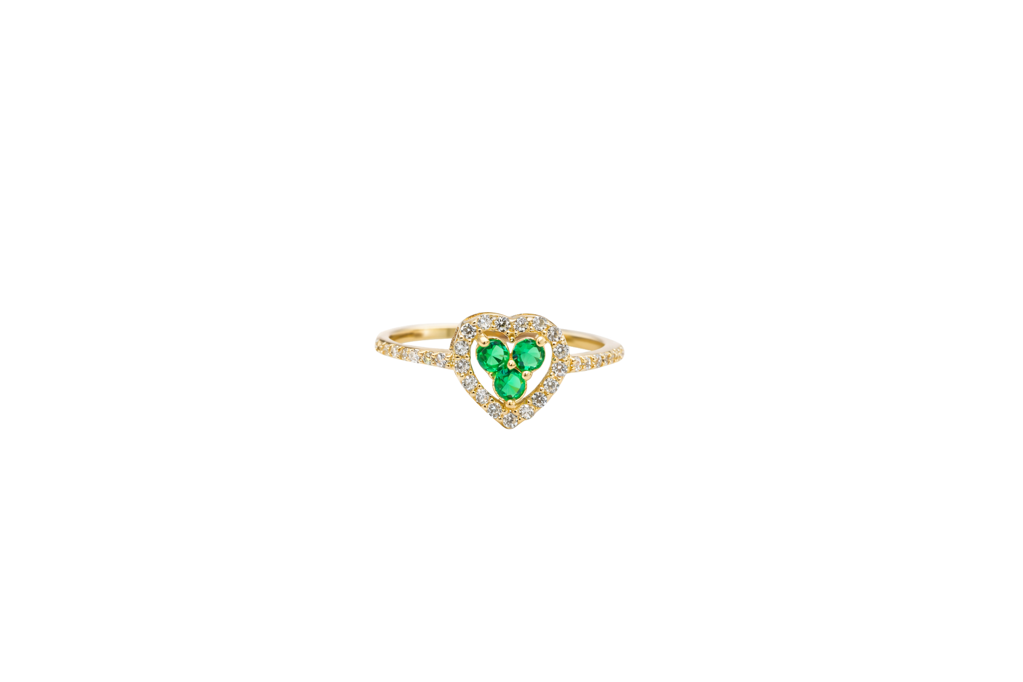 14KT Gold Ring Women's Three Dark Green Round Center CZ Stones Open Heart Outline Border White CZ Stones Band