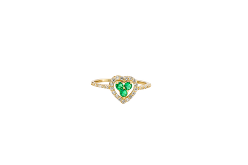 14KT Gold Ring Women's Three Dark Green Round Center CZ Stones Open Heart Outline Border White CZ Stones Band