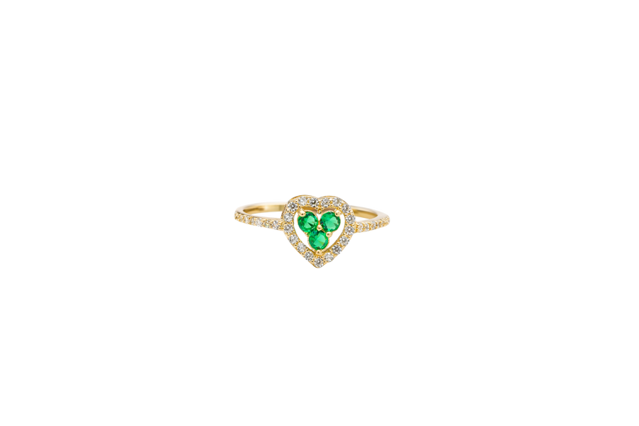 14KT Gold Ring Women's Three Dark Green Round Center CZ Stones Open Heart Outline Border White CZ Stones Band