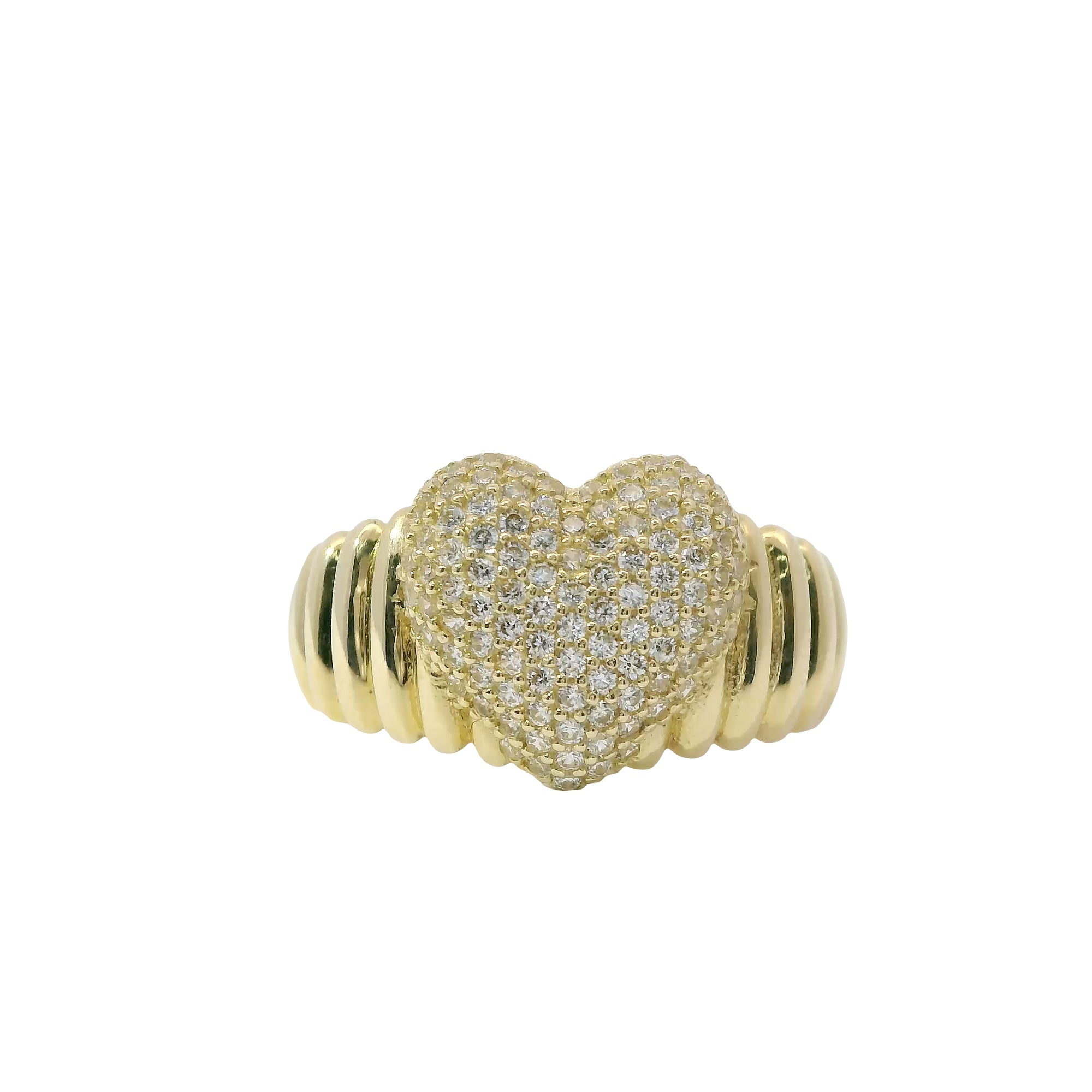 14KT Gold Ring Women's 3D White CZ Stones Center Heart Shape Plain Ribbed Band