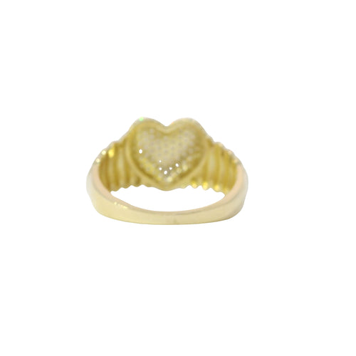 14KT Gold Ring Women's 3D White CZ Stones Center Heart Shape Plain Ribbed Band