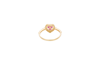 14KT Women's Gold Ring Three Red Round Center CZ Stones Center Open Heart Outline Border White CZ Stones Band