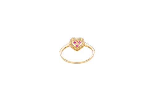 14KT Women's Gold Ring Three Red Round Center CZ Stones Center Open Heart Outline Border White CZ Stones Band