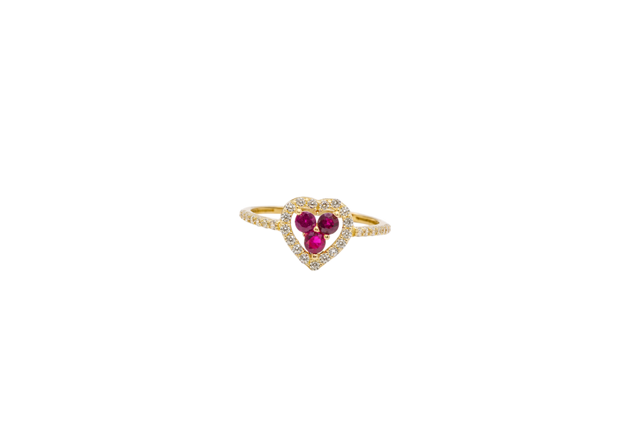 14KT Women's Gold Ring Three Red Round Center CZ Stones Center Open Heart Outline Border White CZ Stones Band