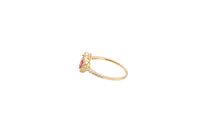 14KT Women's Gold Ring Three Red Round Center CZ Stones Center Open Heart Outline Border White CZ Stones Band