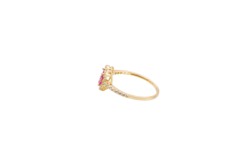 14KT Women's Gold Ring Three Red Round Center CZ Stones Center Open Heart Outline Border White CZ Stones Band