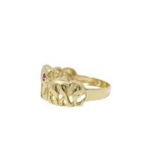 14KT Gold Ring Women's Three Right Facing Elephants One with Red Eye Plain Band