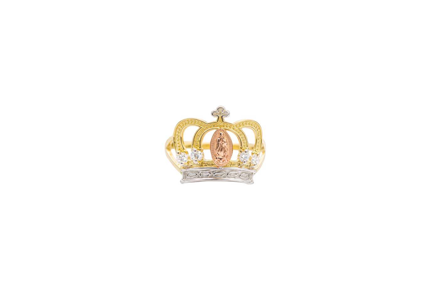 14KT Gold Ring Women's Tri Tone Oval Virgin Mary Open Crown with Four White CZ Stones and Plain Split Band
