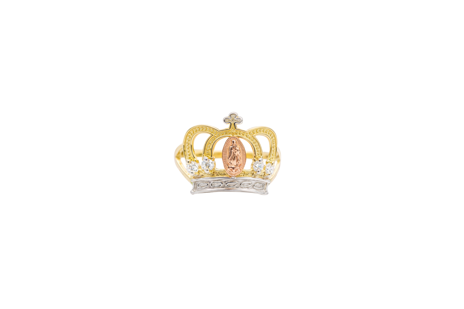 14KT Gold Ring Women's Tri Tone Oval Virgin Mary Open Crown with Four White CZ Stones and Plain Split Band
