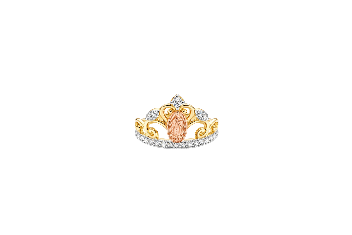 14KT Gold Ring Women's Tri Tone Virgin Mary with Five White CZ Stone Tiara and Plain White Gold Band