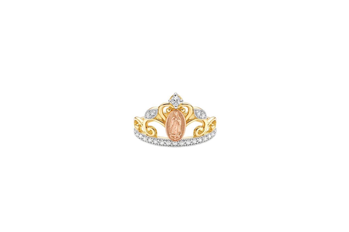14KT Gold Ring Women's Tri Tone Virgin Mary with Five White CZ Stone Tiara and Plain White Gold Band