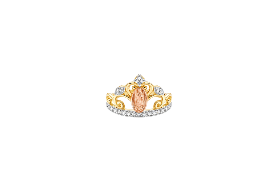 14KT Gold Ring Women's Tri Tone Virgin Mary with Five White CZ Stone Tiara and Plain White Gold Band