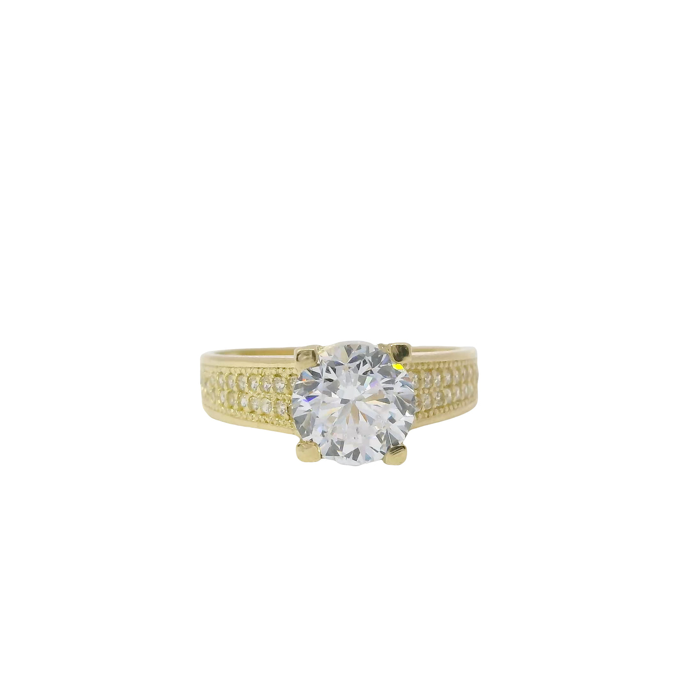 14KT Gold Ring Women's 4 Prong White Round Cushion Cut with 'V' Shape Double Row Band CZ Stones
