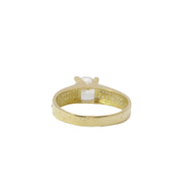 14KT Gold Ring Women's 4 Prong White Round Cushion Cut with 'V' Shape Double Row Band CZ Stones