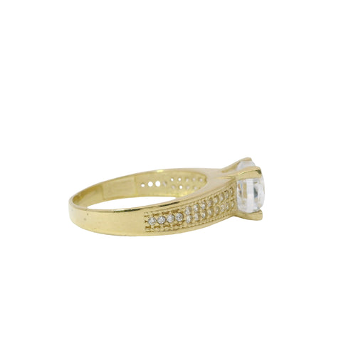 14KT Gold Ring Women's 4 Prong White Round Cushion Cut with 'V' Shape Double Row Band CZ Stones