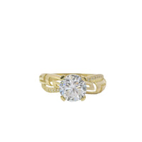 14KT Gold Ring Women's Four Prong Round Cushion Cut White CZ Stone Solitaire with White CZ Stone and Greek Twisted Band