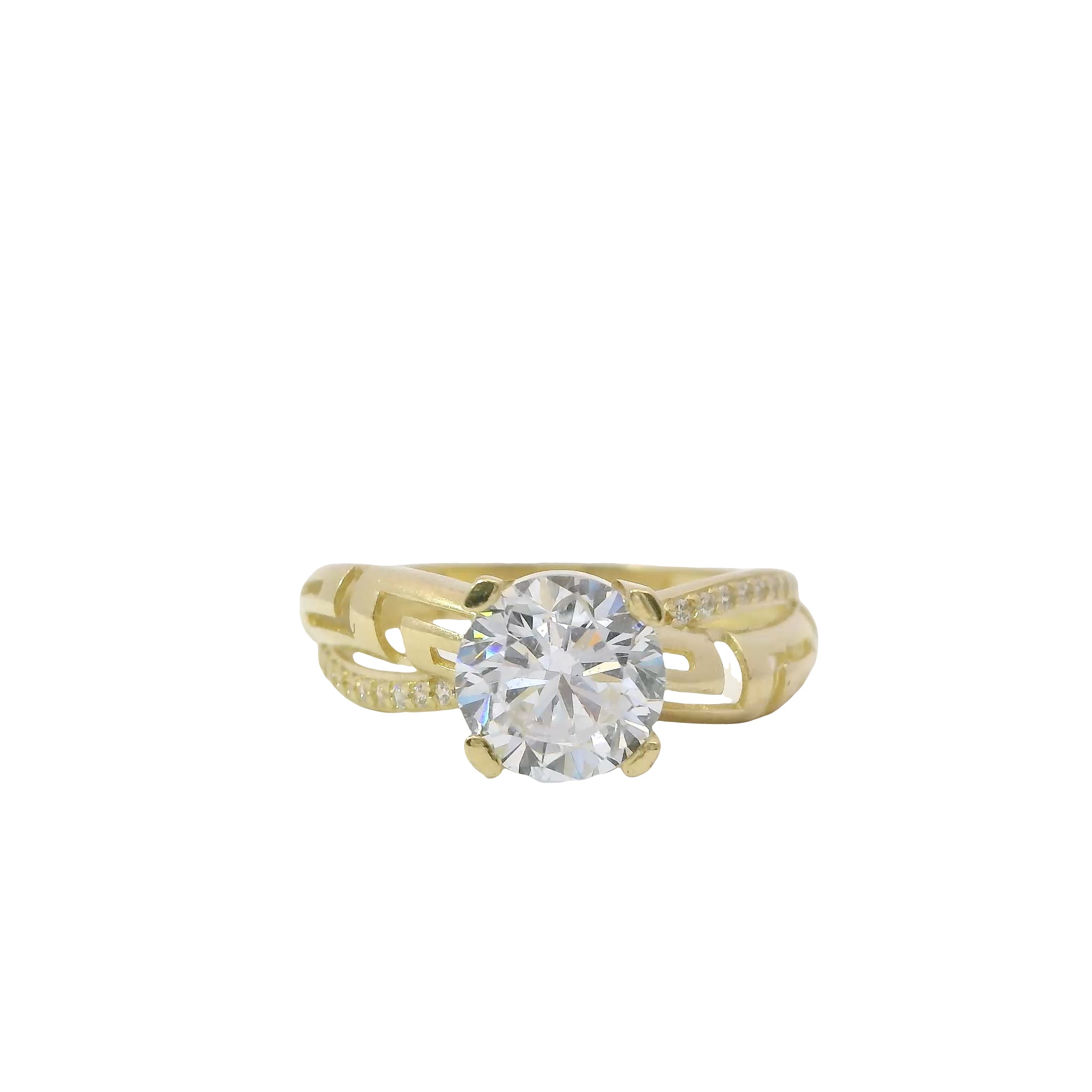 14KT Gold Ring Women's Four Prong Round Cushion Cut White CZ Stone Solitaire with White CZ Stone and Greek Twisted Band