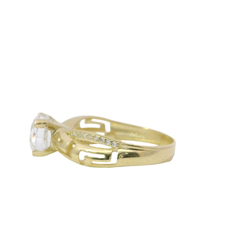 14KT Gold Ring Women's Four Prong Round Cushion Cut White CZ Stone Solitaire with White CZ Stone and Greek Twisted Band