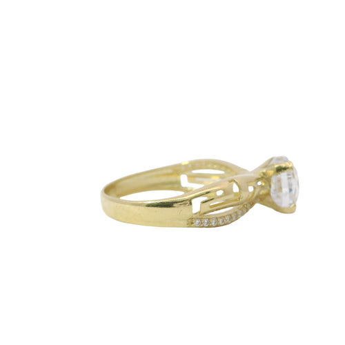 14KT Gold Ring Women's Four Prong Round Cushion Cut White CZ Stone Solitaire with White CZ Stone and Greek Twisted Band