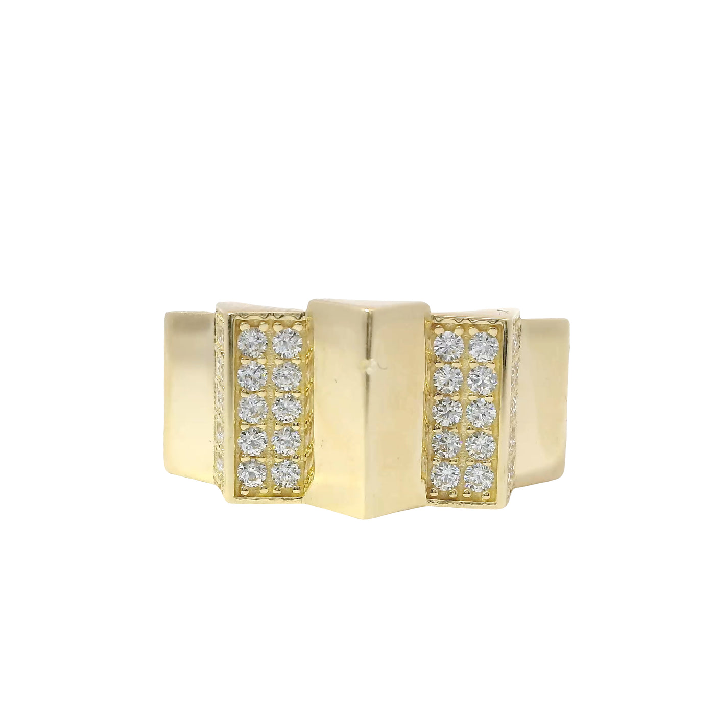 14KT Gold Ring Women's Five Raised Prisms Alternating Plain and White CZ Stones Section with  Plain Band