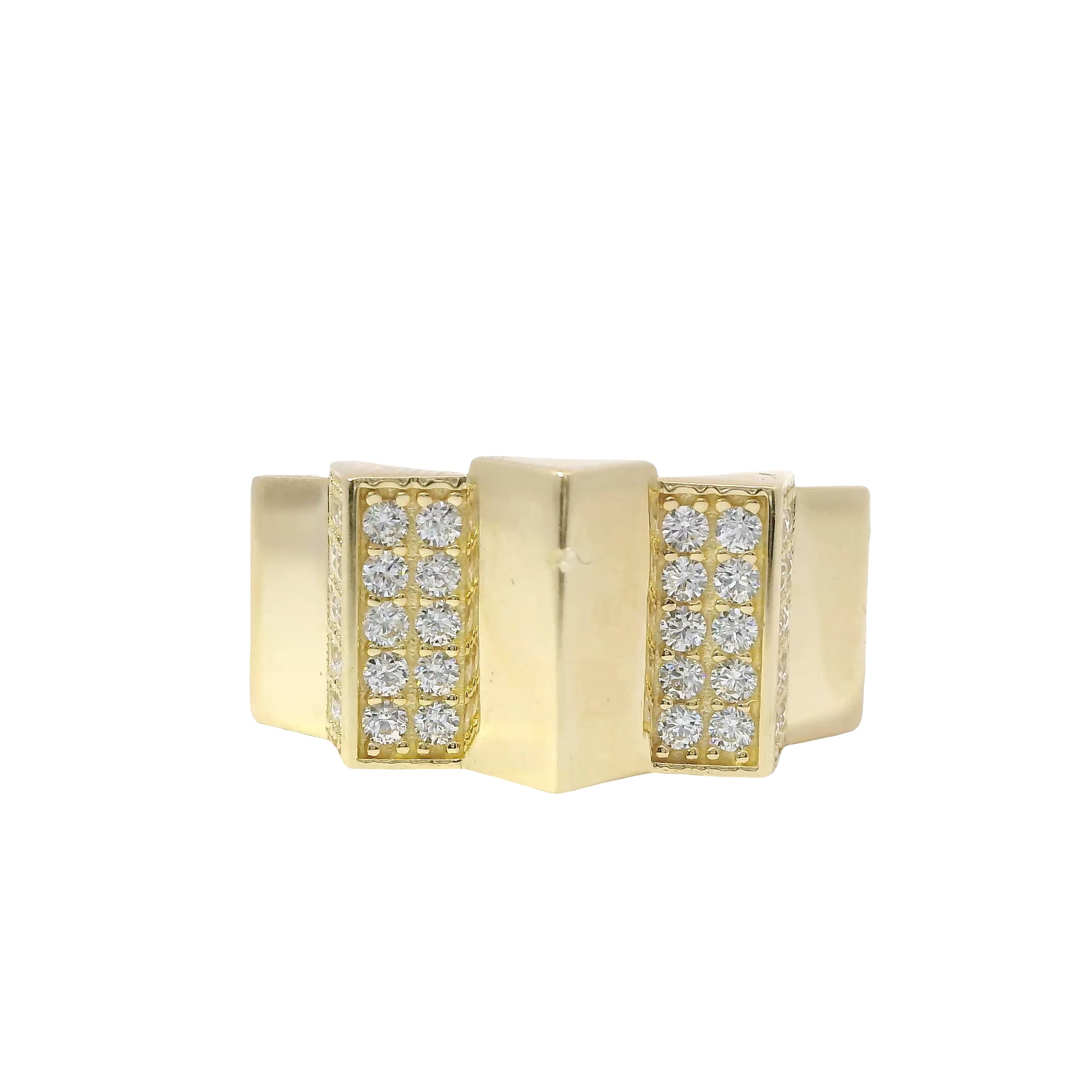 14KT Gold Ring Women's Five Raised Prisms Alternating Plain and White CZ Stones Section with  Plain Band