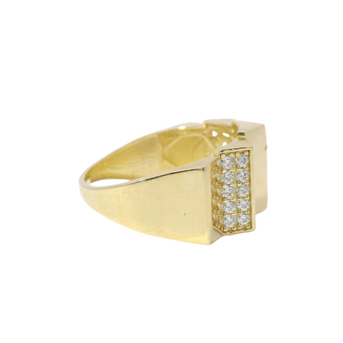 14KT Gold Ring Women's Five Raised Prisms Alternating Plain and White CZ Stones Section with  Plain Band