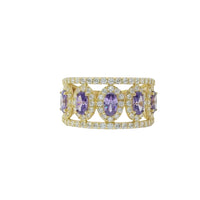14KT Gold Ring Women's Five Purple Center Ovals with White Round CZ Stones Border Spit Band