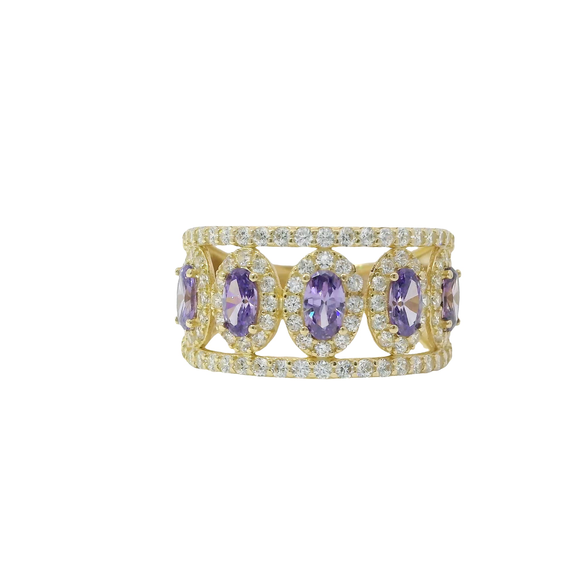 14KT Gold Ring Women's Five Purple Center Ovals with White Round CZ Stones Border Spit Band