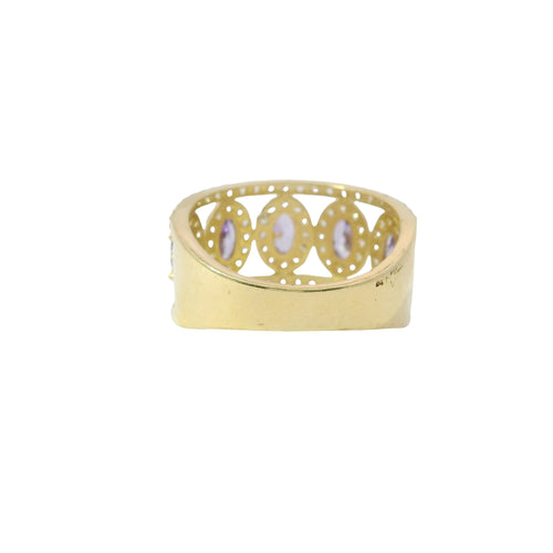 14KT Gold Ring Women's Five Purple Center Ovals with White Round CZ Stones Border Spit Band
