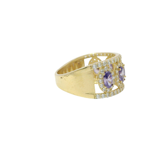 14KT Gold Ring Women's Five Purple Center Ovals with White Round CZ Stones Border Spit Band