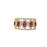 14KT Gold Ring Women's Five Red Center Ovals with White Round CZ Stones Border Spit Band