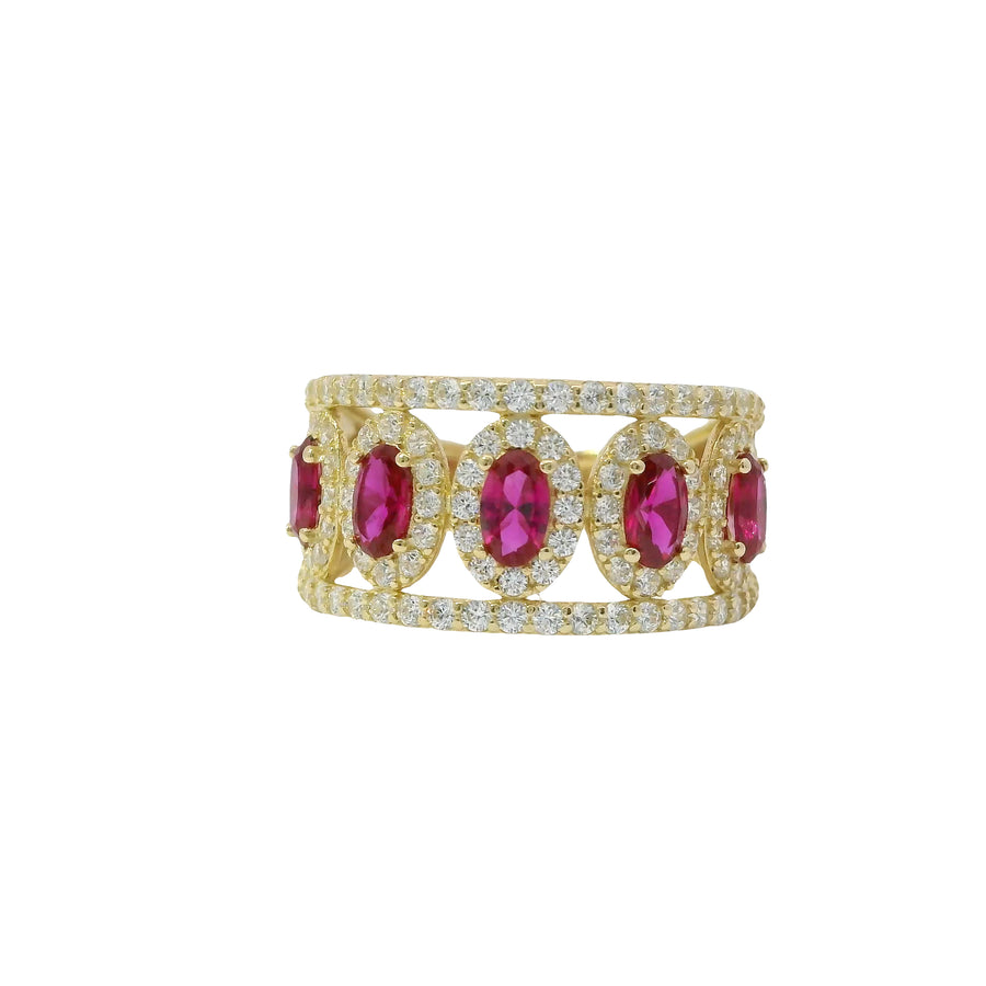 14KT Gold Ring Women's Five Red Center Ovals with White Round CZ Stones Border Spit Band