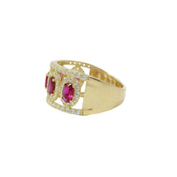 14KT Gold Ring Women's Five Red Center Ovals with White Round CZ Stones Border Spit Band