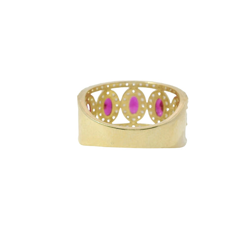 14KT Gold Ring Women's Five Red Center Ovals with White Round CZ Stones Border Spit Band