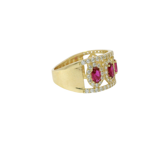 14KT Gold Ring Women's Five Red Center Ovals with White Round CZ Stones Border Spit Band