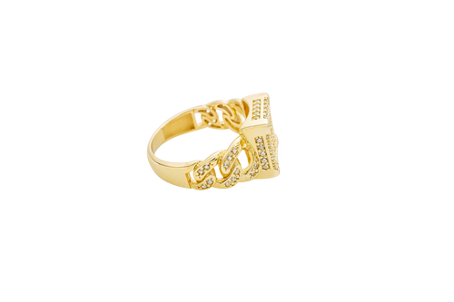 14KT Gold Ring Women's Square Five Row Cluster White CZ Stone Center Plain Outline White CZ Stones Border / Corners / Edge with White CZ Stone Cuban Link Band