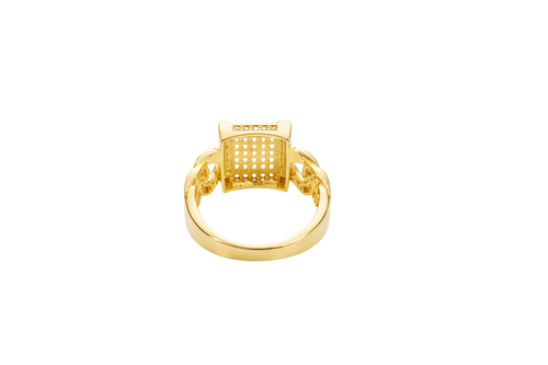 14KT Gold Ring Women's Square Five Row Cluster White CZ Stone Center Plain Outline White CZ Stones Border / Corners / Edge with White CZ Stone Cuban Link Band