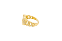 14KT Gold Ring Women's Square Five Row Cluster White CZ Stone Center Plain Outline White CZ Stones Border / Corners / Edge with White CZ Stone Cuban Link Band