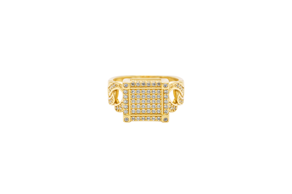 14KT Gold Ring Women's Square Five Row Cluster White CZ Stone Center Plain Outline White CZ Stones Border / Corners / Edge with White CZ Stone Cuban Link Band