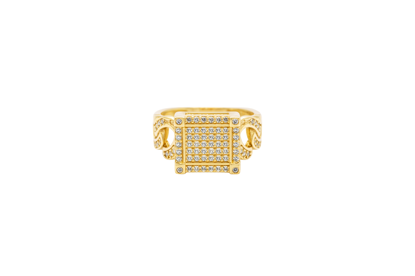 14KT Gold Ring Women's Square Five Row Cluster White CZ Stone Center Plain Outline White CZ Stones Border / Corners / Edge with White CZ Stone Cuban Link Band