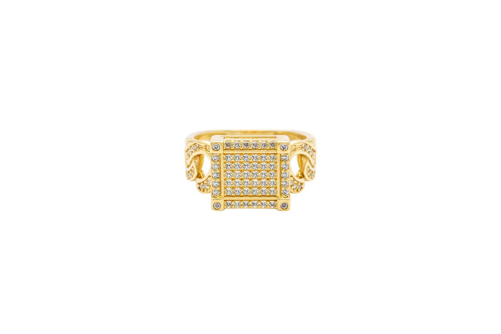 14KT Gold Ring Women's Square Five Row Cluster White CZ Stone Center Plain Outline White CZ Stones Border / Corners / Edge with White CZ Stone Cuban Link Band