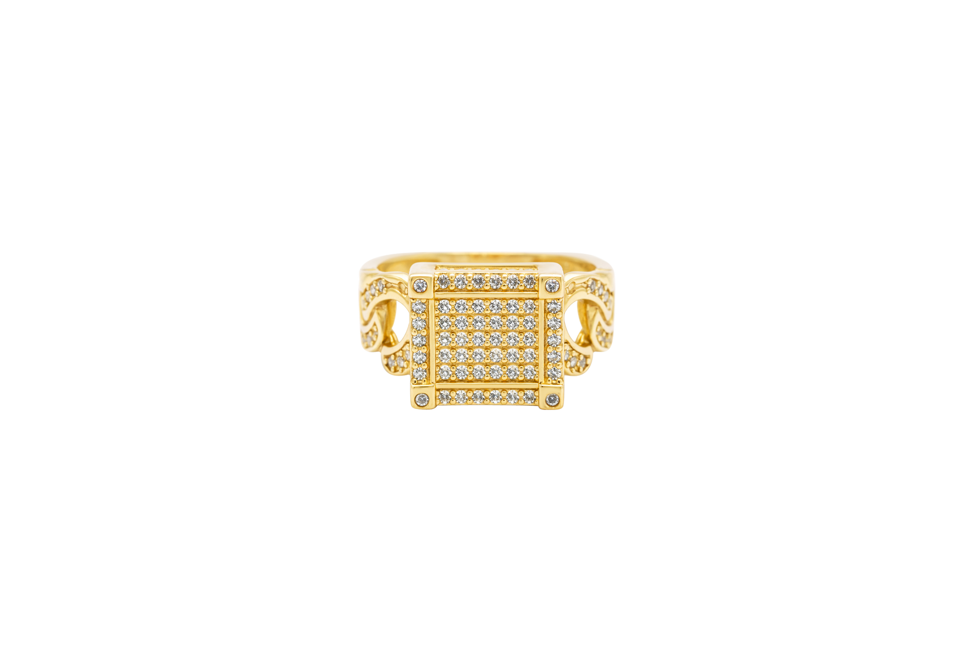 14KT Gold Ring Women's Square Five Row Cluster White CZ Stone Center Plain Outline White CZ Stones Border / Corners / Edge with White CZ Stone Cuban Link Band