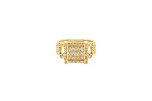 14KT Gold Ring Women's Square Five Row Cluster White CZ Stone Center Plain Outline White CZ Stones Border / Corners / Edge with White CZ Stone Cuban Link Band