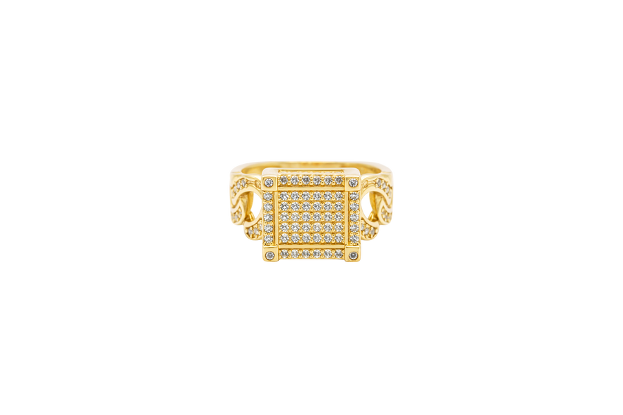 14KT Gold Ring Women's Square Five Row Cluster White CZ Stone Center Plain Outline White CZ Stones Border / Corners / Edge with White CZ Stone Cuban Link Band
