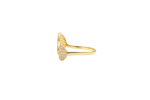 14KT Gold Ring Women's Six Row White CZ Stone Heart / Four Row White CZ Stones Heart Mock Bypass Band
