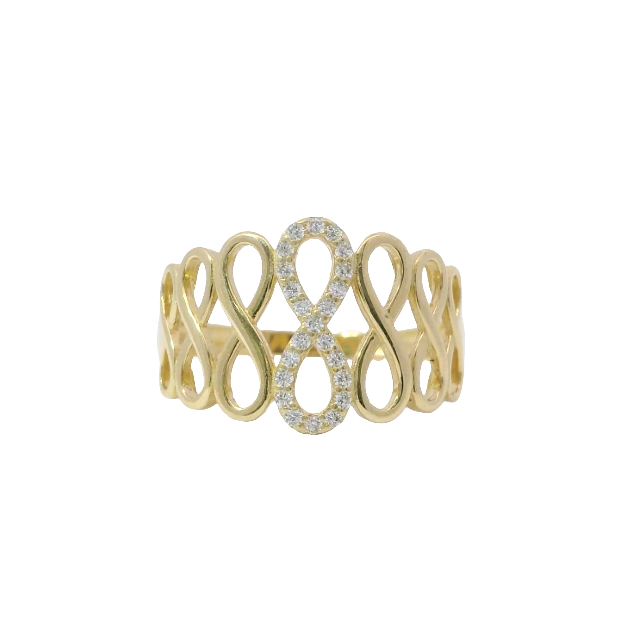14KT Gold Ring Women's Seven Infinity Loops with One Center White CZ Stone Center Loop