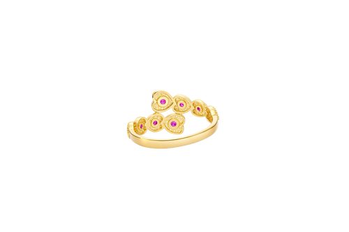 14KT Gold Ring Women's Eight Red Center CZ Stones Center of White CZ Stones Heart Shape Bypass Band